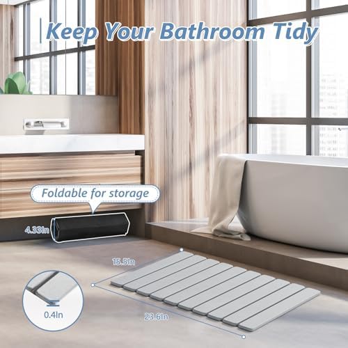 AWW Foldable Stone Bath Mat, Diatomaceous, 23.6"x15.5", Light Grey