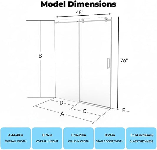 GarveeLife 44-48 Inch W× 76 Inch H Frameless Sliding Shower Door – Brushed Stainless Steel Round Rail, Fixed Panel and Sliding Glass Shower Door with 6mm Tempered Glass, Easy Clean Coating