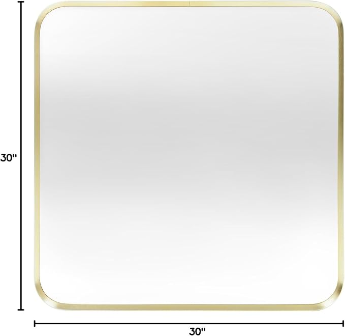 Gold Bathroom Mirror 30x30in, Metal Framed Rounded Rectangle Wall | Tempered Glass, Anti-Rust Frame, Hangs Horizontal or Vertical, HD Reflection Clarity
