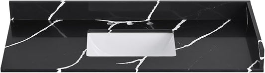 48 in. W x 22 in D Quartz Vanity Top in Black Marquina,with One Sidesplash & One Backsplash, Vanity Sink Top with Assembled Single Drop-in Sink, Pre-Drilled 8 Inch Faucet Hole Countertop