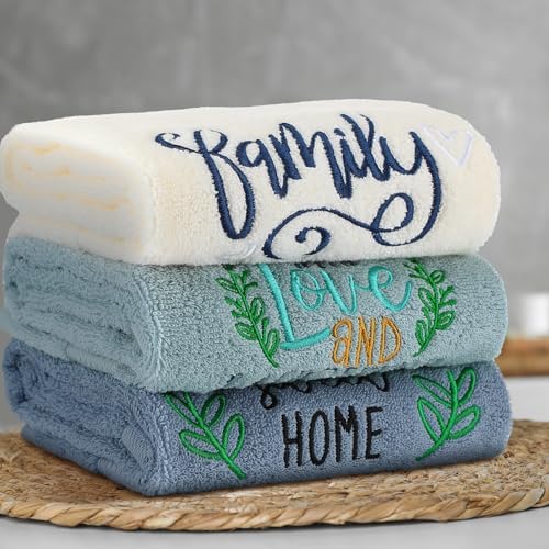 FuWeave 3 Pcs Decorative Hand Towels for Bathroom,Blue,Home Love Family