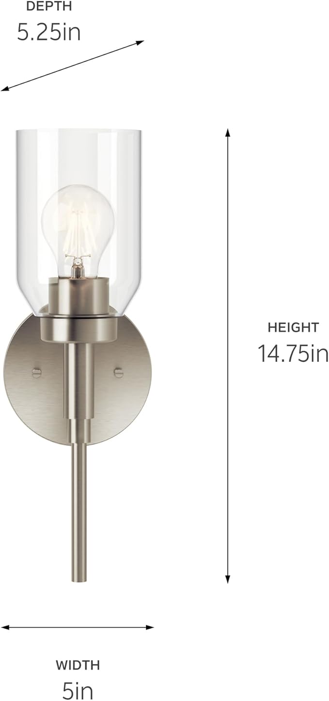 Kichler Madden 1-Light Wall Sconce with Clear Glass in Brushed Nickel, Sloped Ceiling Compatible, for Bathroom or Hallway (14.75" x 5"), 55183NI