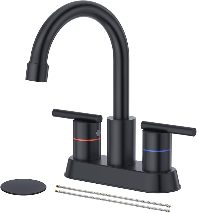 Faustina Matte Black Bathroom Faucet, 4 Inch Centerset Bathroom Faucets for Sink 2 Hole 3 Holes,Two Handles 304 Stainless Steel Faucet with Pup up Drain and 2 cUPC Water Supply Lines for RV Vanity