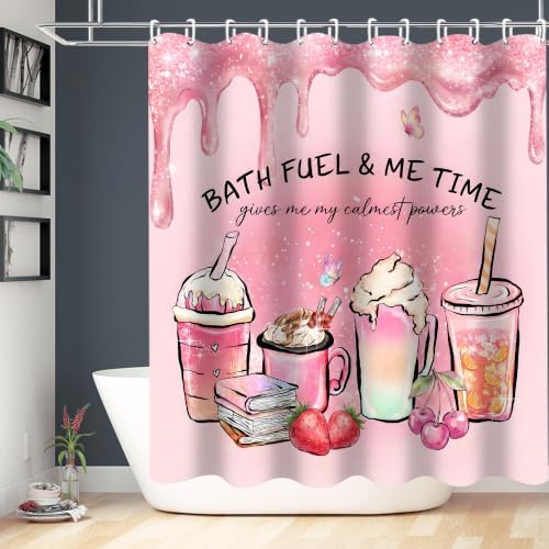 LQCOOL Pink Shower Curtain Set with Rugs,Waterproof Bathroom Sets Pink Shower Curtain with 12 Hooks for Bathroom Decor,Toilet Lid Cover & U-Shaped Mat