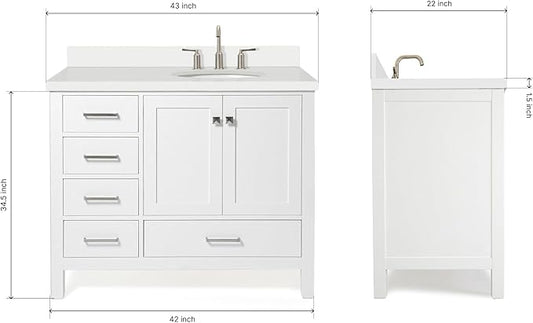 ARIEL Cambridge 42-inch Bathroom Vanity with Sink,Solid Wood, 1.5-inch Pure White Quartz Countertop & Backsplash, Single Oval Porcelain Sink, 2 Soft Closing Doors, 5 Dovetail Drawers, White