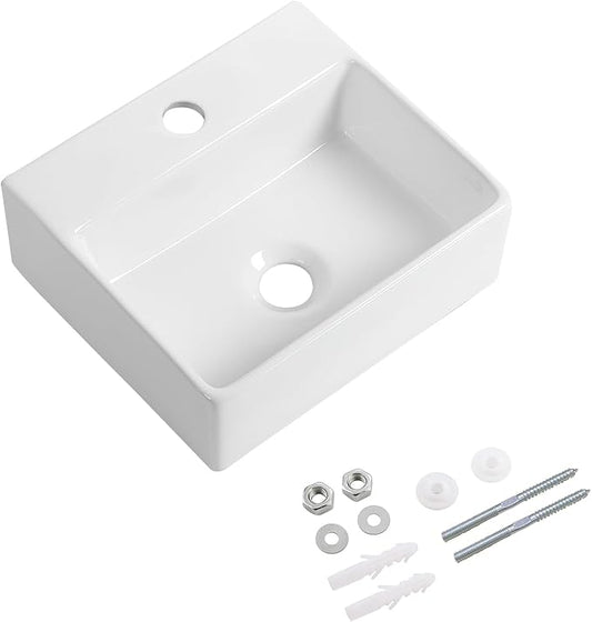 Small Vessel Sink 13"x11" Wall Mount Bathroom Sink Rectangular White Porcelain Ceramic Mini Floating Tiny Bathroom Wall Mounted RV Sink
