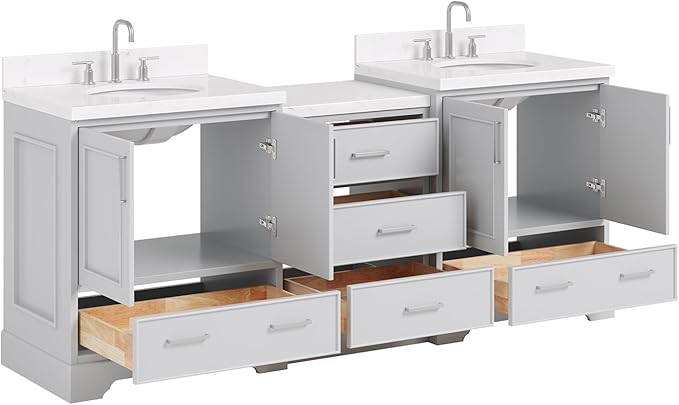 ARIEL Stafford 84-inch Bathroom Vanity with Sink,Solid Wood, 1.5in Carrara White Quartz Countertop & Backsplash, Double Oval Porcelain Sink, 4 Soft Closing Doors, 5 Dovetail Drawers, Grey