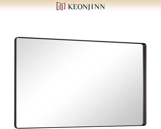Keonjinn 60 x 36 Inch Black Bathroom Mirrors for Over Sink, Tempered Glass | Sandblasted Finish, Matte Black Vanity Mirror, Anti-Rust, Seamless Aluminum Frame, Rounded Rectangle, French Cleat Mount