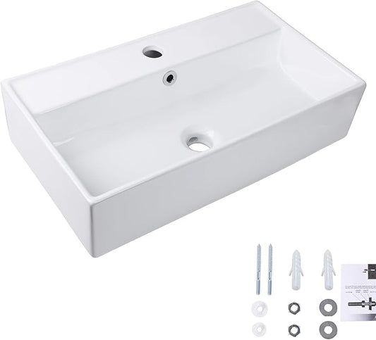 Wall Mount Rectangular Bathroom Sink, QISHKA 22"x12.4" Modern Ceramic Floating Vessel Sink, White Rectangle Vanity Sink with Overflow, Wall Hung Wash Hand Basin