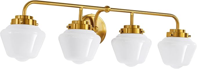 Bathroom Vanity Light Fixtures: 4 Lights Brushed Gold Vanity Lights for Bathroom, E26 60w Hardwired Wall Sconce Lighting with Frosted Milky Glass Over Mirror (Exclude Bulb)