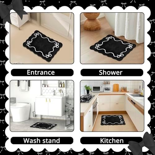 Mocsicka Black Bow Bath Mat Cute Bow Bathroom Rug Super Soft Absorbent Bathroom Rugs Non Slip Bath Mat Machine Washable Rug for Bathrooms 16x24 inches (Black, 40x60cm)
