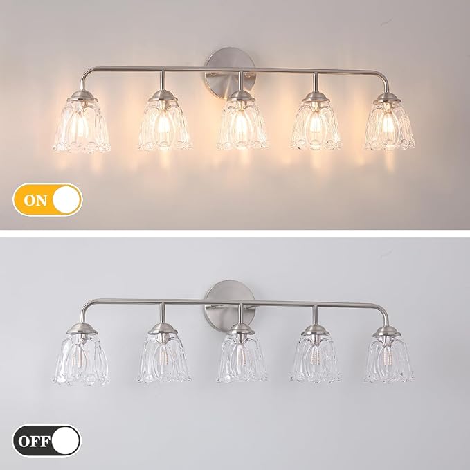 Daunton Vintage Vanity Light for Bathroom, Elegant Vanity Light with Flower Glass Shade, Brushed Nickel 5-Light Bathroom Lighting Fixtures Over Mirror, Wall Sconce Lighting for Bedroom, Living Room