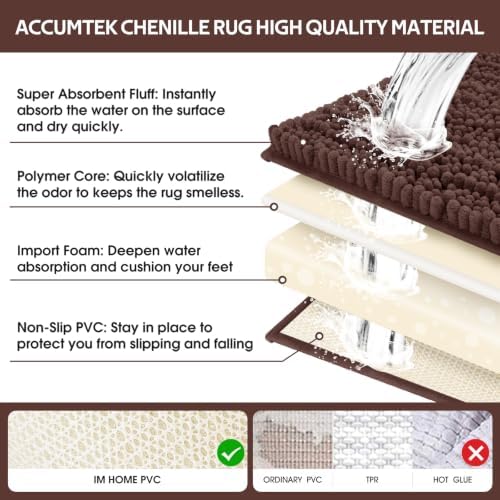 ACCUMTEK Upgrade Extra Large Brown Bathroom Rug Set 3 Pieces Ultra Soft, Thick Absorbent Bath Mats, Non Slip Chenille Toilet Mat for Bathroom, Bedroom, Kitchen, Dark Coffee
