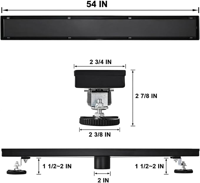 Linear Shower Floor Drain, Black 54 Inch 304 Stainless Steel Bathroom Drains Kit, Rectangular Shower Trench Drain with Reversable Tile-in Pattern Drain Cover & Hair Catcher