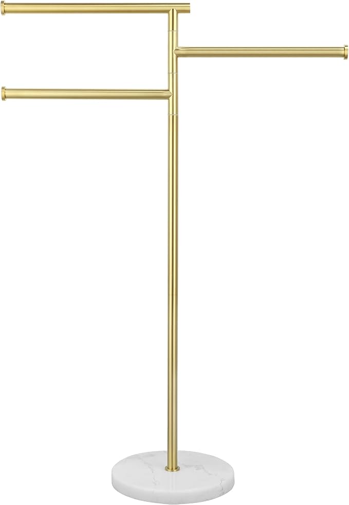 KES 40-Inch Freestanding Towel Rack with Weighted Marble Base, Brushed Gold | 10.2 Lb Natural Stone Base, 3 Swivel Arms, SUS304 Stainless Steel, Anti-Slip, Quick-Dry Design
