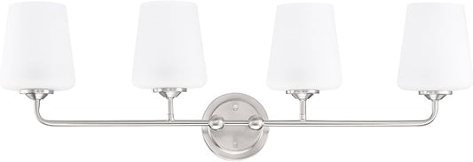 Design House Stasia Vanity Light, 4-Light, Sleek Modern Arms, Frosted Glass Glow, Dimmable, Dual-Mount Option, E26 Socket, Satin Nickel, 33.6 in L x 6.7 in W x 10.9 in H, 589309