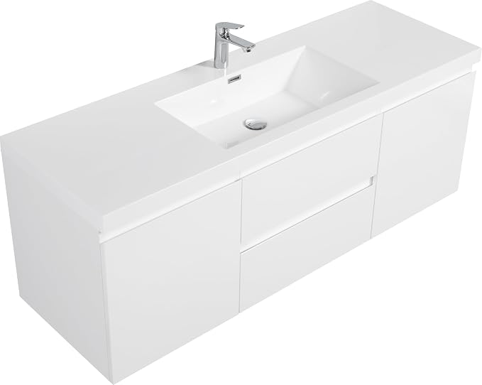 60 Inch Floating Bathroom Vanity with Sink, Large Storage Wall Mounted Floating Vanity with Soft Close Drawers, One-Piece Basin Bathroom Sink Cabinet (Glossy White, 60")