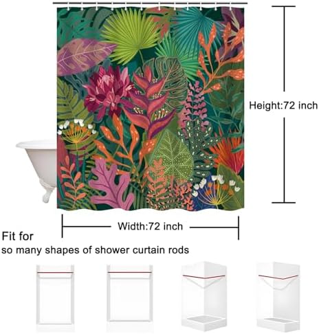 Tropical Floral Leaves Shower Curtain, Vibrant Jungle Botanical Design with Colorful Leaves, Polyester Fabric 72x72 Inches Includes 12 Hooks, Ideal Bathroom Décor for Nature Lovers