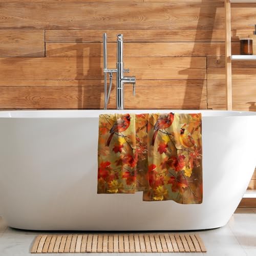 Fall Birds Hand Towels Set of 2, 14x28 Inch Autumn Rustic Maple Leaves Thanksgiving Harvest Decorative Tea Towel Drying Baking Cooking Wash Cloth for Bathroom Kitchen Decor