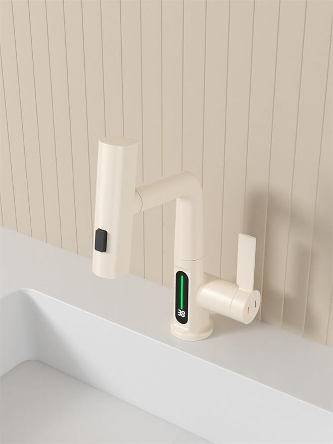 Bathroom One Hole Sink Basin Faucet with Waterfall Pull Down Sprayer,Vanity Single Handle 1 Hole Pull Out Faucet with Rainfall Spray Head Temperature Digital Display Mixer Tap Cream White