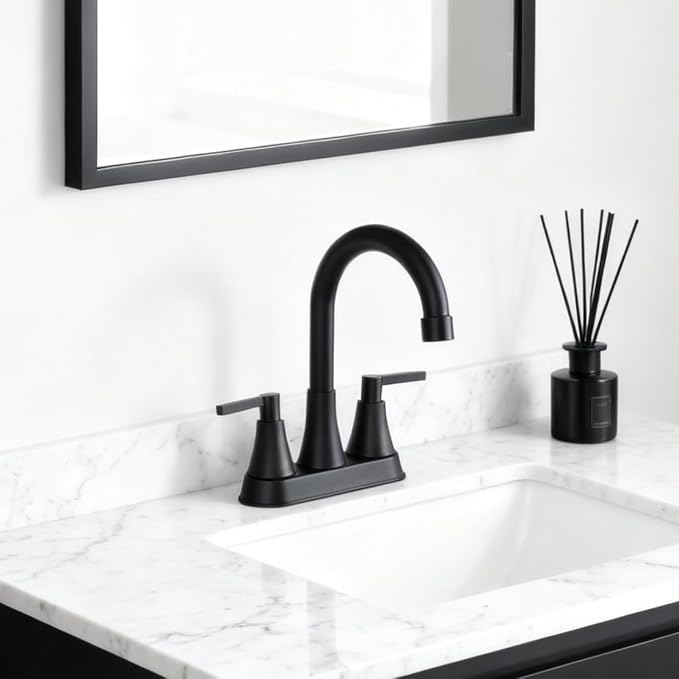 VCCUCINE Matte Black Bathroom Faucet, 4 Inch Centerset 3 Hole Black Bathroom Sink Faucet with Pop-up Drain and 2 Supply Hoses, Stainless Steel 2-Handle Faucet for Sink Vanity