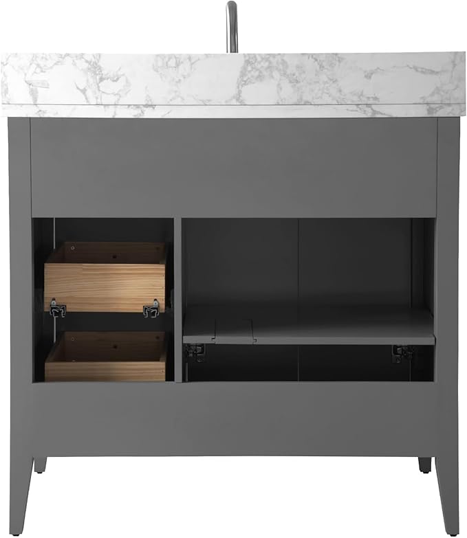 Vanity Art 36 inch Bathroom Vanity with Single Sink & Ceramic Top, Vanity Cabinet with Soft-Closing Door, Solid Wood Frame, Linear Pattern, Cashmere Gray, Golden Brushed Handware VA9136-G-GB