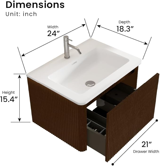 24" Bathroom Vanity with Sink, Modern Floating Vanity with Push Open Soft Close Drawer, Large Storage for Small Space, Hotel, Brushed Black Oak, Fully Assembled - Camellia Collection