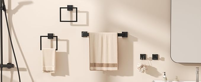 10-Piece Matte Black Bathroom Hardware Set with 16'' Towel Bar, Wall Mounted Bathroom Accessories Kit with 16" Towel Bar ×2, Toilet Paper Holders×2, Towel Rings×2, Robe Hooks×4