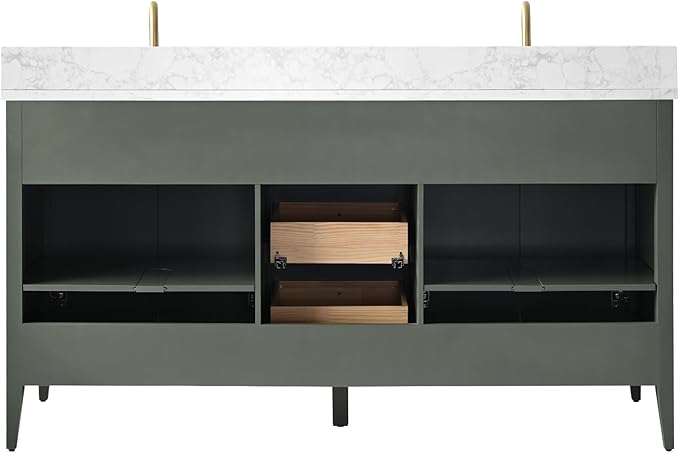 Vanity Art 60 inch Bathroom Vanity with Double Sink & Ceramic Top, Vanity Cabinet with Soft-Closing Door, Solid Wood Frame, Linear Pattern, Vintage Green, Golden Brushed Handware VA9160-DVG-GB