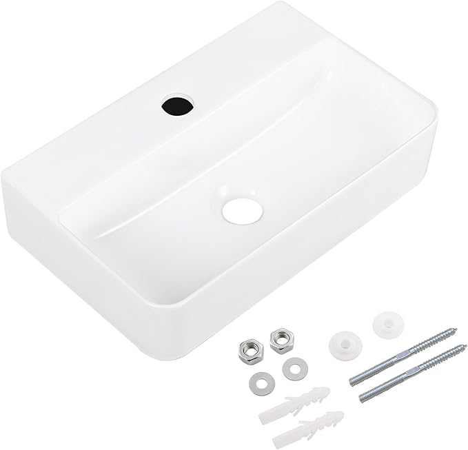 Small Vessel Sink 17.7"x11.2" Wall Mount Bathroom Sink Rectangular White Porcelain Ceramic Floating Tiny Bathroom Wall Mounted RV Sink
