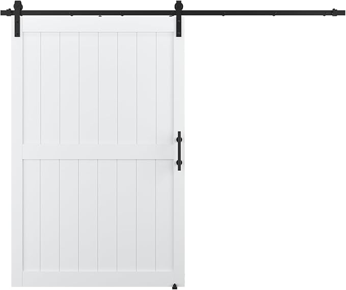 50in x 84in MDF Sliding Barn Door with 9ft Barn Door Hardware Kit & Handle | White Solid Barn Door Slab Covered with Water-Proof PVC Surface, Pre-Drilled Holes Easy Assembly, H-Frame