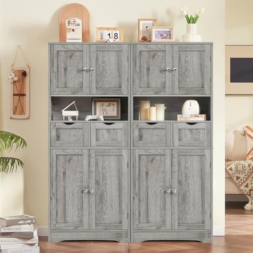 TEENFON Tall Bathroom Storage Cabinet with 4 Doors & 2 Adjustable Shelves