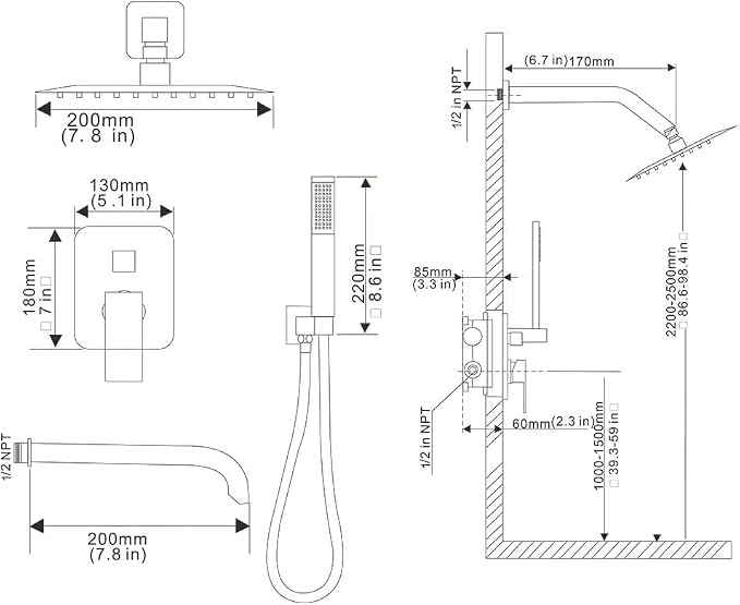Brushed Nickel Shower System Bathroom Shower Faucet Set with Tub Spout Wall Mounted 8 Inch Shower Head and Handle Set with Handheld 3 Function Tub and Shower Trim Kit with Valve