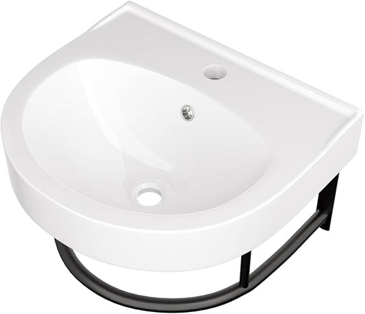 Logmey 16 Inch Wall Mount Bathroom Sink 16"x14" Floating Sink White Porcelain Ceramic Wall Hung Vessel Sink Wash Hand Basin with Bracket