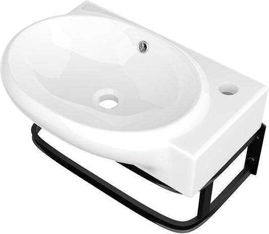 Logmey Wall Mount Bathroom Sink 16-1/2"x11" Floating Sink White Porcelain Ceramic Wall Hung Vessel Sink Wash Hand Basin with Bracket
