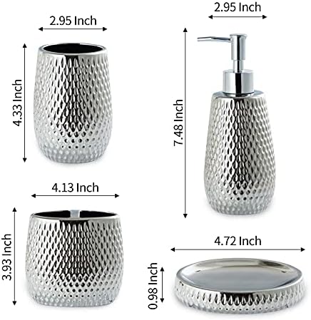 Silver Bathroom Accessory Set 4 Piece Ceramic Bath Accessories Sets Complete, Rain- Drop Shaped Bathroom Essential with Toothbrush Holder & Dish, Tumbler, Soap Dispenser Set for Bath Decor
