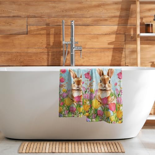 Easter Bunny Hand Towels, 14x28 Inch Spring Tulip Floral Rabbit Butterfly Absorbent Soft Dish Washing Cloth Face Tea Towels for Kitchen Bathroom Farmhouse Seasonal Decoration