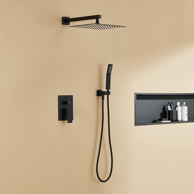 Rain Shower System 12 Inches Shower Combo Set Black Wall Mount Faucet Bathroom Faucets with Rainfall Shower Head and Hand Shower