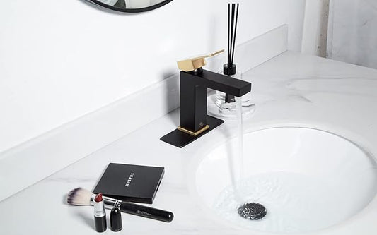 Lava Odoro Black and Gold Bathroom Faucet, Brass Single Hole Bathroom Sink Faucet Single Handle with Drain Assembly, Deck Plate Included, BF307-GB