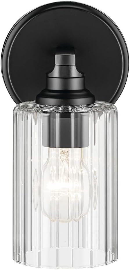 Kichler Gioe 5" 1-Light Wall Sconce with Clear Fluted Glass in Black, Damp Rated, for Powder Room, Kitchen, Hallway, Bedroom, Fireplace, (5" W x 9.5" H), 55224BKFLU