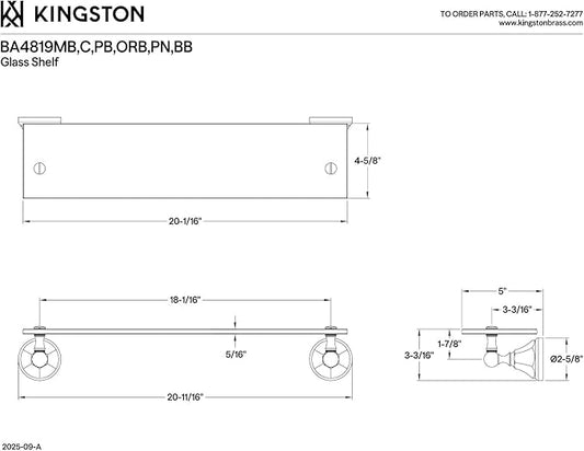 Kingston Brass BA4819MB Metropolitan Glass Shelf, Matte Black