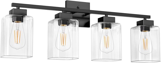 4 Light Bathroom Vanity Light - Matte Black Bathroom Light Fixtures Square Design & UL Certification, Square Light Fixture Over Mirror, Farmhouse Light Fixtures for Bathroom & Bedroom