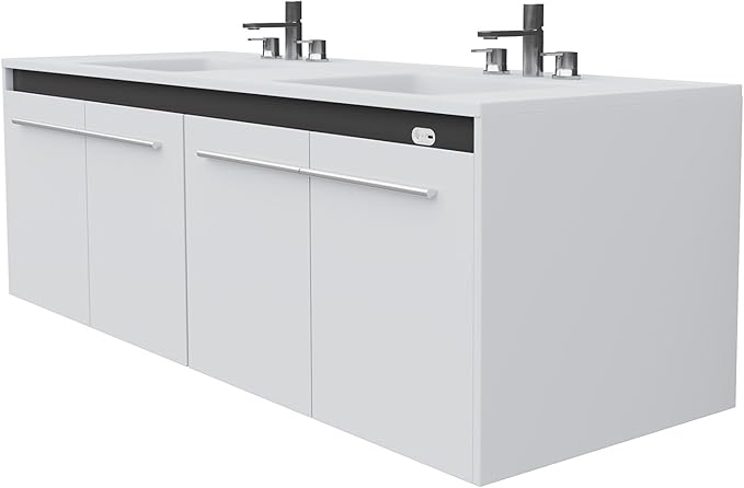 AMERLIFE 60" LED Floating Bathroom Double Vanity with Sink, Modern High Gloss Wall Mounted Bathroom Storage Cabinet with 3 Hole Sink, Metal Handles & Soft Closing Doors, White