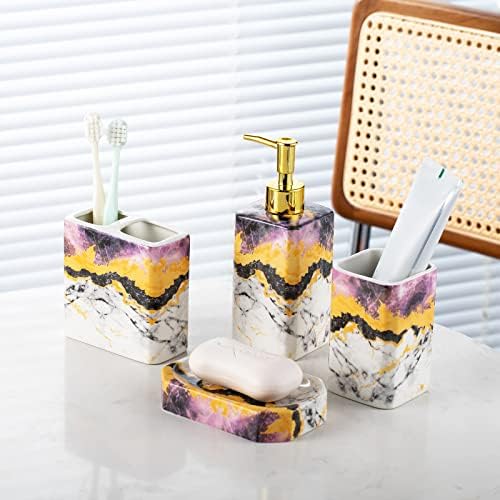 4 Piece Bathroom Accessories Set - Purple Bathroom Accessory Sets Includes Lotion Dispenser, Toothbrush Holder Tumbler, and Soap Dish - Glossy Finish (Marble, Purple)
