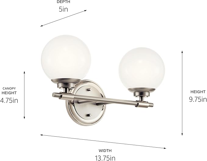 Kichler Benno 2-Light Vanity, Modern Light with Opal Glass in Polished Nickel and Brushed Nickel, for Bathroom or Powder Room (8.75" x 14.75"), 55171PN