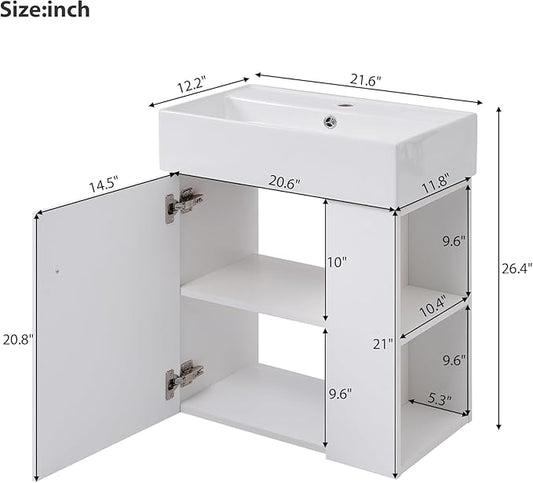 21.6 in Floating Bathroom Vanity with Sink,Soft Closing Doors,Solid Wood Frame & MDF Modern Single Small White Bathroom Vanity Cabinet with Open Shelf,Wall Mounted