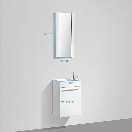 Blossom 18-Inch Floating Bathroom Vanity with Acrylic Sink and Mirror, All-Wood Construction, Space-Saving Wall Mounted Vanity for Compact Bathrooms, Modern Design Bathroom Sink Cabinet, Glossy White
