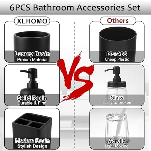 XLHOMO Resin 6 Pcs Black Bathroom Accessories Set - Countertop Organizer
