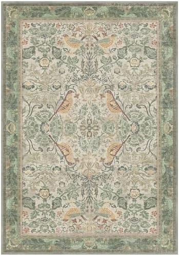 Hazo Haus Washable Living Room Rug 7x10 - Sage Floral Rugs for Bedroom, Vintage Bird Patterned Dining Room Kitchen Table Rug for Under Table, Stain Resistant Non-Slip