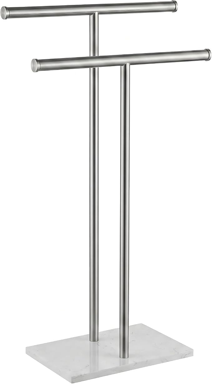 Double T Free Standing Towel Rack, Telescoping Marble Towel Stand | Expandable dual T-bar towel holder for bathroom with heavy marble base, adjustable height rustproof floor stand for pool